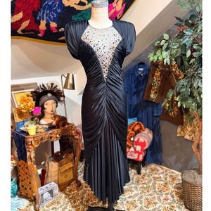 INSANE vintage 1980s Casadei Black Sequined Embellished Ruched Evening Gown - 10